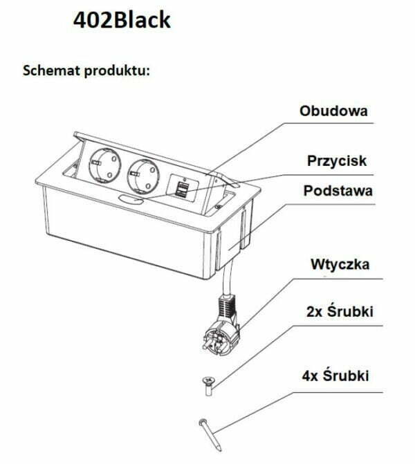 Schild 402black Gniazdo nablatowe chowane w blat elektryczne wpuszczane, listwa elektryczna, przedłużacz, podblatowe, otwierane 2x 230V 2xUSB szybkie- porządne- ze stopu cynku i aluminium