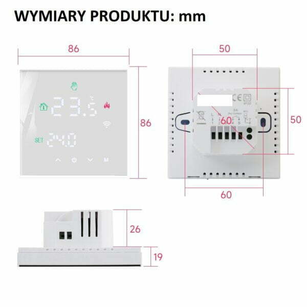 TUYA Schild EP-06W-WiFi sterownik 230V, termostat, czujnik, regulator temperatury pokojowej +czujnik temperatury podłogi/ zewnętrzny w zestawie razem z przewodem - na wyjściu 230V