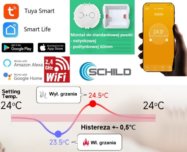 TUYA Gazowy Schild BPW-06W-WIFI regulator temperatury, czujnik, sterownik, termostat- do pieca gazowego, elektrycznego, na pelet, ekogroszek itd – zwarcie